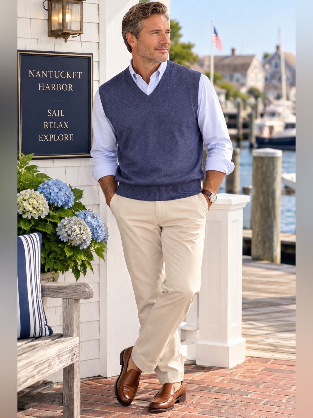 Turnbury Men’s L Extra Fine Merino Wool Sweater Vest Blue V Neck Preppy